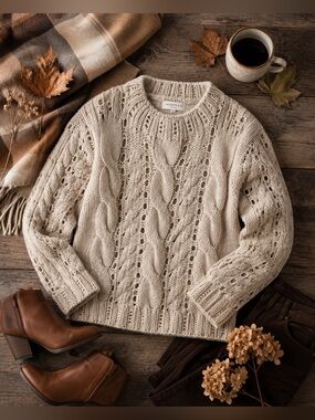 Skovhuus Denmark Oatmeal Cable Knit Sweater Wool Mohair Blend Cottage Nordic S/M